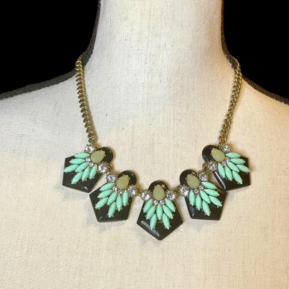 J. Crew Chuncky Retro Gold Tone Glass Navette Rhinestone Statement Necklace